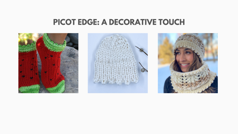 Layout of 3 knitted items with picot edging. Watermelon socks. Sample toy hat. Hat & cowl. 